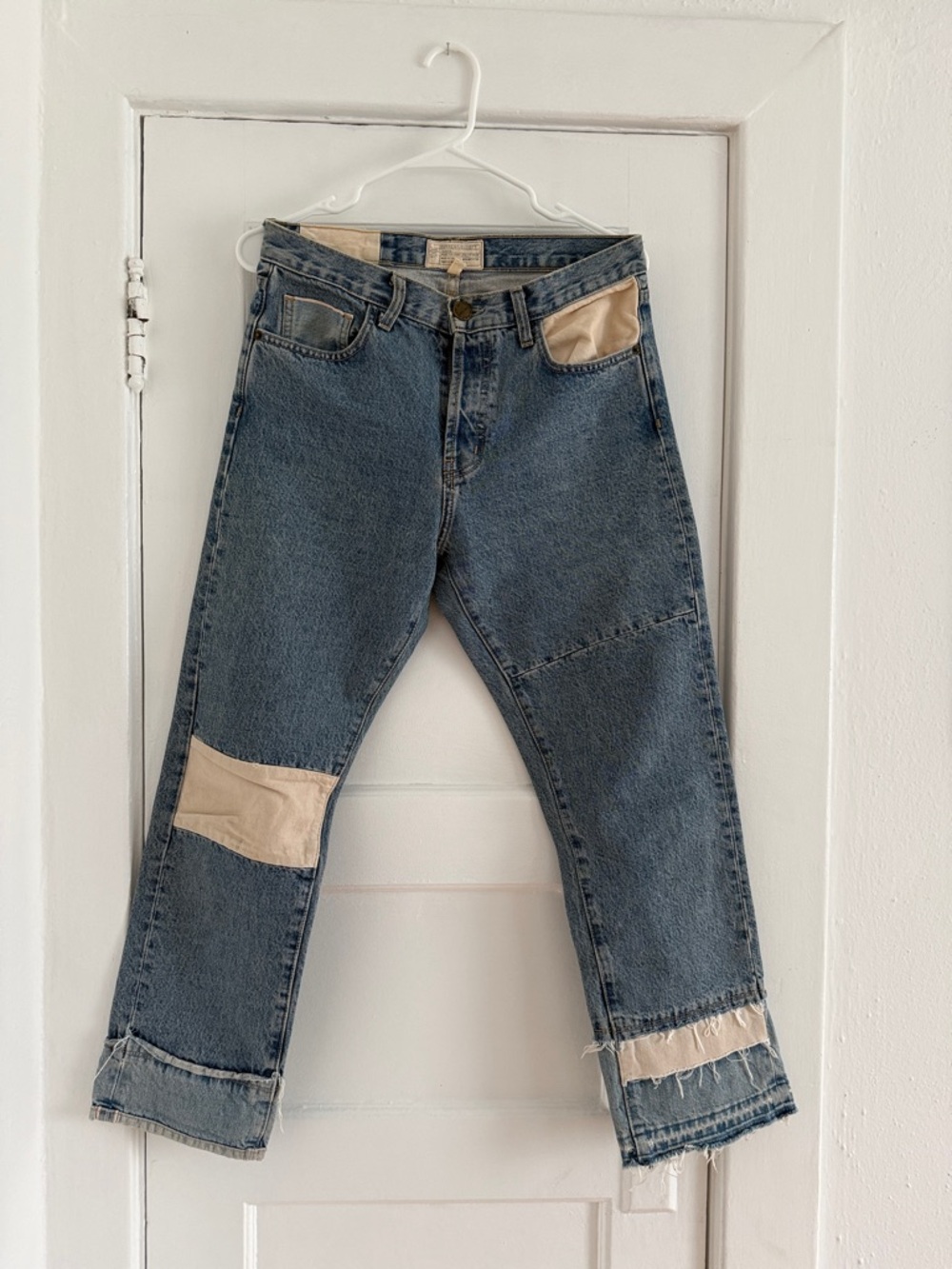 Current/Elliott Indigo Straight Jeans with Beige Patchwork